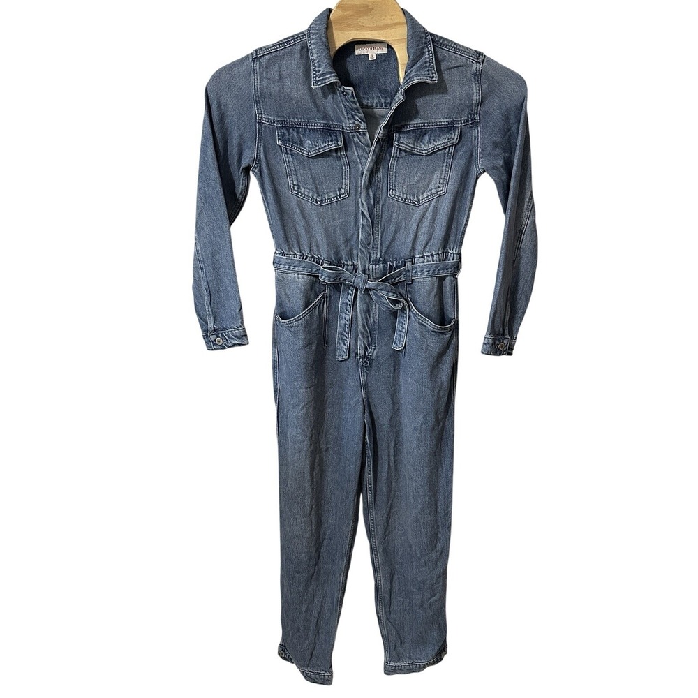 Lucky Brand Jumpsuit Sz Small Liquid Denim Luxe Coveralls Tie Front Long Sleeve